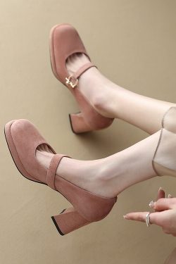 High-Heeled Mary Jane Shoes for Women - Chunky Heel, Single Strap, Genuine Leather, Elegant Wedding Banquet Style