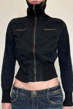 High-Neck Metallic Zipper Short Jacket for Women - Unisex Trendy Cyber Warrior Style with Elastic Waist, Cool 90s-Inspired Fashion