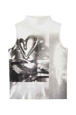 High-Neck Sleeveless Graffiti Tank Top - Trendy Casual Streetwear for Summer, Boho Style, Urban Fashion, 90s Inspired