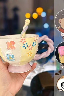 High-Quality Girls' Ceramic Drinking Cup with Underglaze Color and Spoon for Yogurt and Oatmeal Breakfast