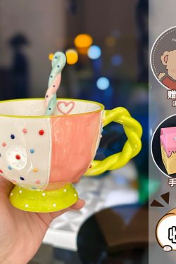 High-Quality Girls' Ceramic Drinking Cup with Underglaze Color and Spoon for Yogurt and Oatmeal Breakfast