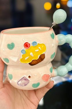 High-Quality Girls' Ceramic Drinking Cup with Underglaze Color and Spoon for Yogurt and Oatmeal Breakfast