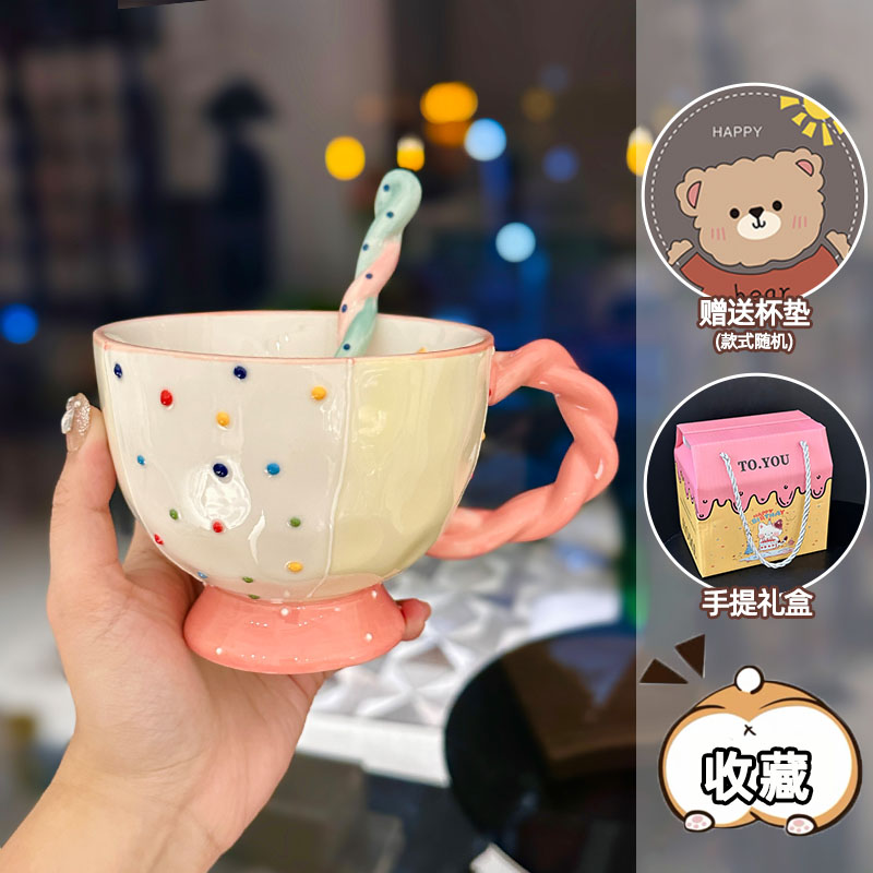 High-Quality Girls' Ceramic Drinking Cup with Underglaze Color and Spoon for Yogurt and Oatmeal Breakfast High-Quality Girls' Ceramic Drinking Cup with Underglaze Color and Spoon for Yogurt and Oatmeal Breakfast