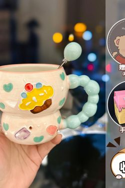 High-Quality Girls' Ceramic Drinking Cup with Underglaze Color and Spoon for Yogurt and Oatmeal Breakfast