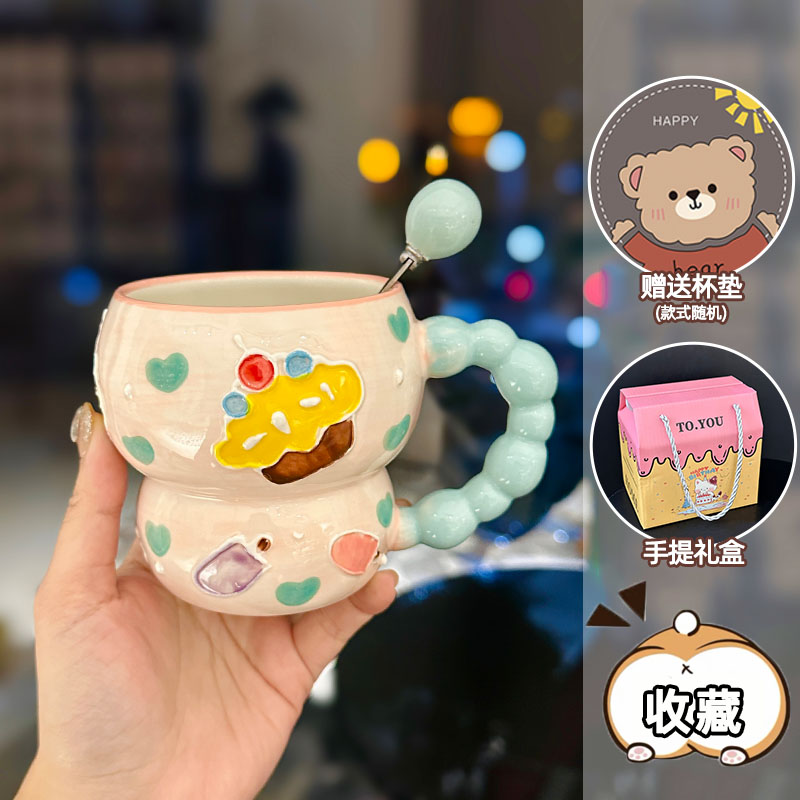 High-Quality Girls' Ceramic Drinking Cup with Underglaze Color and Spoon for Yogurt and Oatmeal Breakfast High-Quality Girls' Ceramic Drinking Cup with Underglaze Color and Spoon for Yogurt and Oatmeal Breakfast