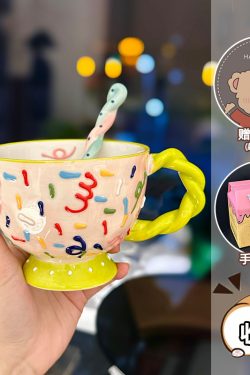 High-Quality Girls' Ceramic Drinking Cup with Underglaze Color and Spoon for Yogurt and Oatmeal Breakfast