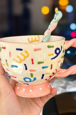 High-Quality Girls' Ceramic Drinking Cup with Underglaze Color and Spoon for Yogurt and Oatmeal Breakfast