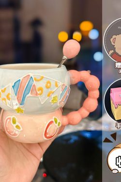 High-Quality Girls' Ceramic Drinking Cup with Underglaze Color and Spoon for Yogurt and Oatmeal Breakfast