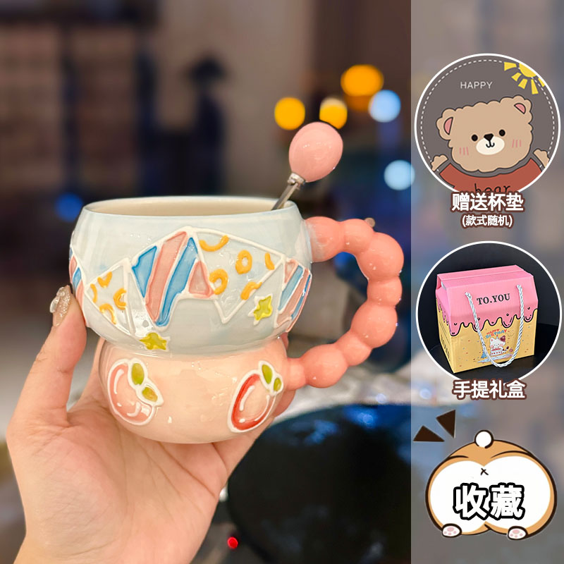 High-Quality Girls' Ceramic Drinking Cup with Underglaze Color and Spoon for Yogurt and Oatmeal Breakfast High-Quality Girls' Ceramic Drinking Cup with Underglaze Color and Spoon for Yogurt and Oatmeal Breakfast