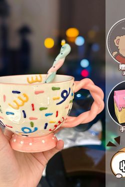 High-Quality Girls' Ceramic Drinking Cup with Underglaze Color and Spoon for Yogurt and Oatmeal Breakfast