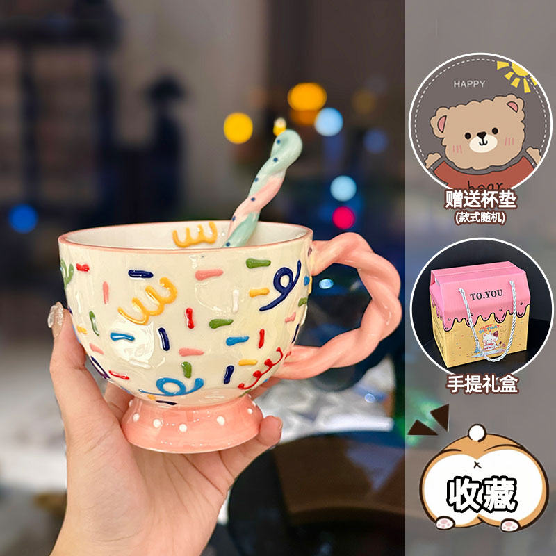High-Quality Girls' Ceramic Drinking Cup with Underglaze Color and Spoon for Yogurt and Oatmeal Breakfast High-Quality Girls' Ceramic Drinking Cup with Underglaze Color and Spoon for Yogurt and Oatmeal Breakfast