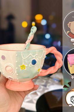 High-Quality Girls' Ceramic Drinking Cup with Underglaze Color and Spoon for Yogurt and Oatmeal Breakfast