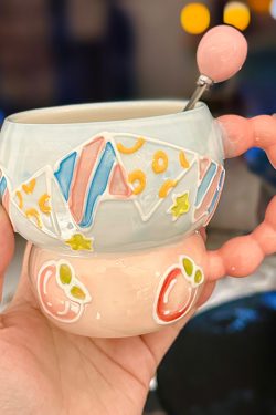 High-Quality Girls' Ceramic Drinking Cup with Underglaze Color and Spoon for Yogurt and Oatmeal Breakfast