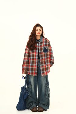 High-Quality Retro Checkered Shirt for Women, Loose Yellow Plaid Top, Versatile Fall Fashion, Vintage Style, 90s Inspired