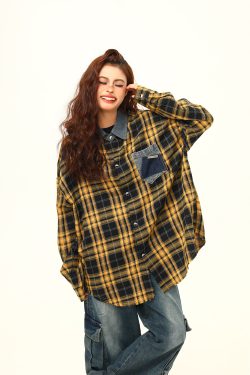 High-Quality Retro Checkered Shirt for Women, Loose Yellow Plaid Top, Versatile Fall Fashion, Vintage Style, 90s Inspired