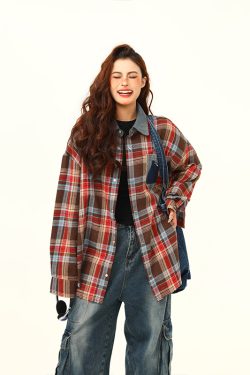 High-Quality Retro Checkered Shirt for Women, Loose Yellow Plaid Top, Versatile Fall Fashion, Vintage Style, 90s Inspired