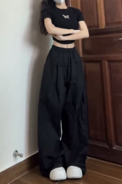 High Street American Cargo Pants for Women - Loose Casual Straight-Leg Hip-Hop K-Pop Dance Wear, Wide-Leg Sports Pants