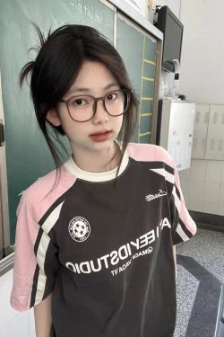 High Street Color-Blocking Short Sleeve T-Shirt for Women - Pink & Dark Gray, Trendy Summer Top for Juniors, Y2K Style