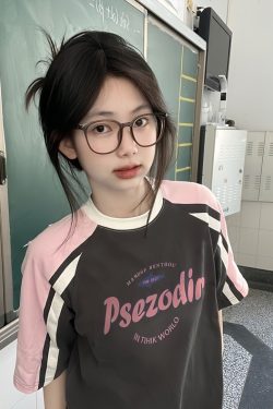 High Street Color-Blocking Short Sleeve T-Shirt for Women - Pink & Dark Gray, Trendy Summer Top for Juniors, Y2K Style