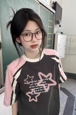 High Street Color-Blocking Short Sleeve T-Shirt for Women - Pink & Dark Gray, Trendy Summer Top for Juniors, Y2K Style