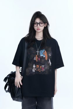 High Street Graffiti Short-Sleeve T-Shirt for Women - Casual Loose-Fit Summer Tee with 