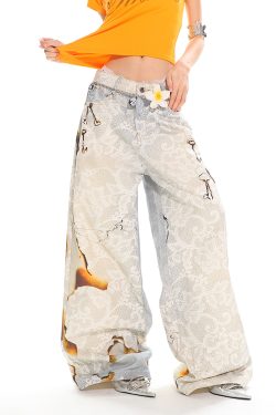 High Street Slimming Casual Wide-Leg Denim Pants with Fire-Burn Lace Print - Trendy 90s Inspired Heavyweight Design