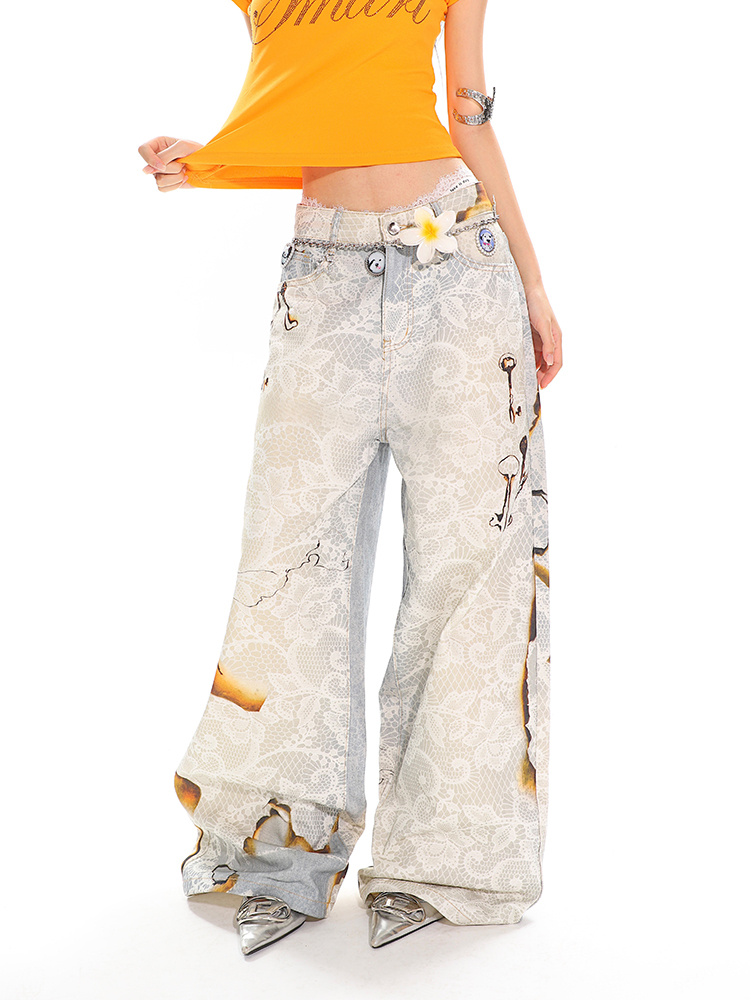 High Street Slimming Casual Wide-Leg Denim Pants with Fire-Burn Lace Print - Trendy 90s Inspired Heavyweight Design High Street Slimming Casual Wide-Leg Denim Pants with Fire-Burn Lace Print - Trendy 90s Inspired Heavyweight Design