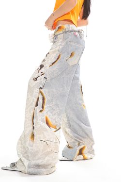 High Street Slimming Casual Wide-Leg Denim Pants with Fire-Burn Lace Print - Trendy 90s Inspired Heavyweight Design