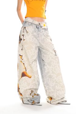High Street Slimming Casual Wide-Leg Denim Pants with Fire-Burn Lace Print - Trendy 90s Inspired Heavyweight Design