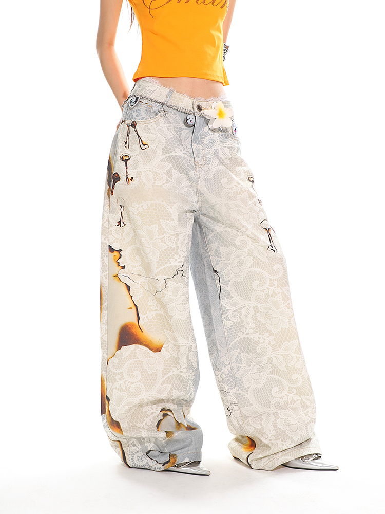 High Street Slimming Casual Wide-Leg Denim Pants with Fire-Burn Lace Print - Trendy 90s Inspired Heavyweight Design High Street Slimming Casual Wide-Leg Denim Pants with Fire-Burn Lace Print - Trendy 90s Inspired Heavyweight Design