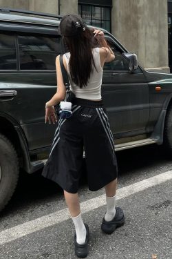 High Street Vintage Black Shorts for Women - Summer Loose Fit Three-Stripe Cropped Wide-Leg Sports Pants