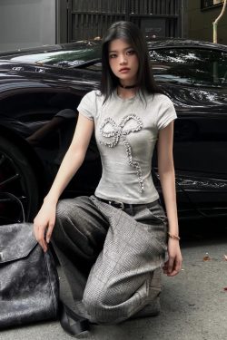 High Street Women's Summer Pleated Bow Short Sleeve Vintage Slim-Fit Top - American Style Sporty Chic Fashion