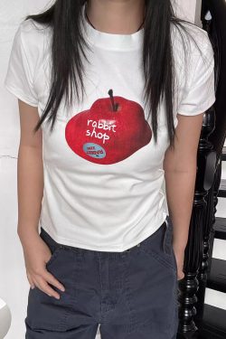 High-Stretch Slim Fit Short-Sleeve T-Shirt for Women with Fun Apple Print - Korean Style Cotton Top
