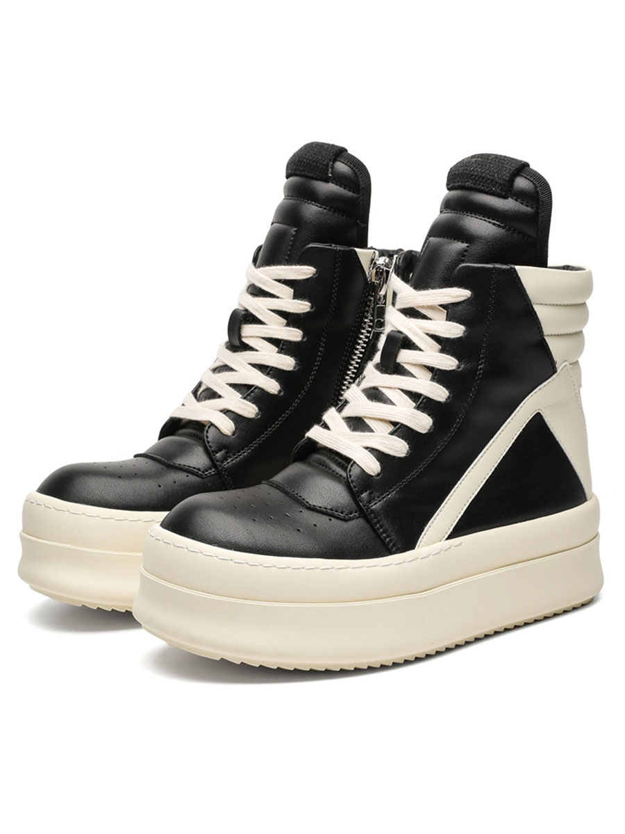 High-Top Black and White Skate Shoes for Men and Women, Trendy Platform Martin Boots, Inverted Triangle Design, Street Style High-Top Black and White Skate Shoes for Men and Women, Trendy Platform Martin Boots, Inverted Triangle Design, Street Style