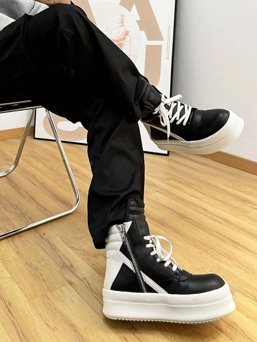 High-Top Black and White Skate Shoes for Men and Women, Trendy Platform Martin Boots, Inverted Triangle Design, Street Style High-Top Black and White Skate Shoes for Men and Women, Trendy Platform Martin Boots, Inverted Triangle Design, Street Style