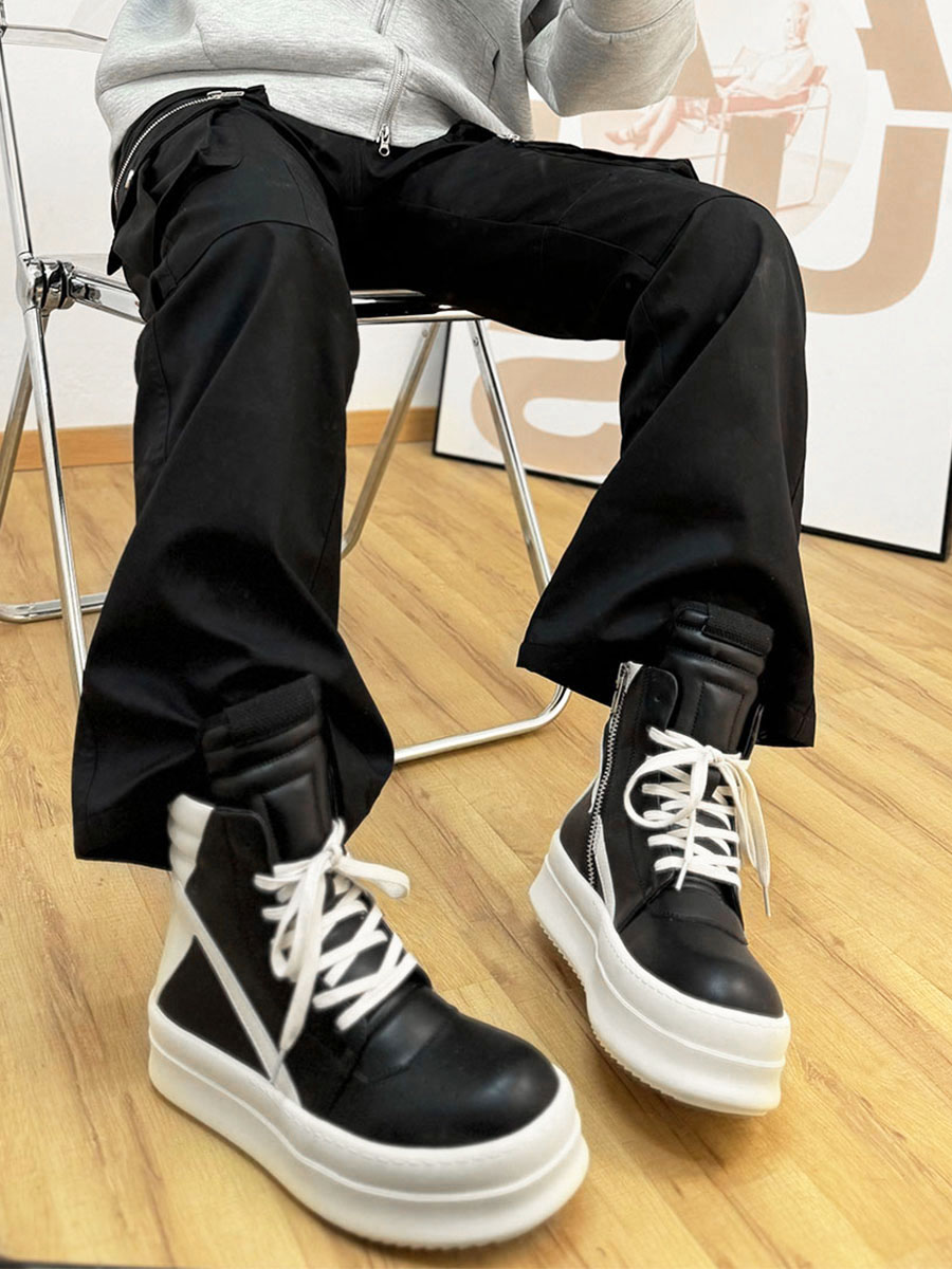 High-Top Black and White Skate Shoes for Men and Women, Trendy Platform Martin Boots, Inverted Triangle Design, Street Style High-Top Black and White Skate Shoes for Men and Women, Trendy Platform Martin Boots, Inverted Triangle Design, Street Style