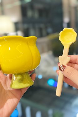 High-Value Peach Ceramic Water Cup with Spoon - Cute Girls' High-Footed Ice Cream Dessert Mug