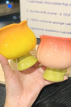 High-Value Peach Ceramic Water Cup with Spoon - Cute Girls' High-Footed Ice Cream Dessert Mug