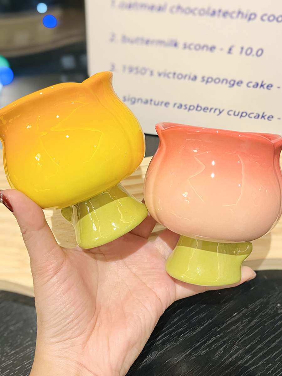 High-Value Peach Ceramic Water Cup with Spoon - Cute Girls' High-Footed Ice Cream Dessert Mug High-Value Peach Ceramic Water Cup with Spoon - Cute Girls' High-Footed Ice Cream Dessert Mug