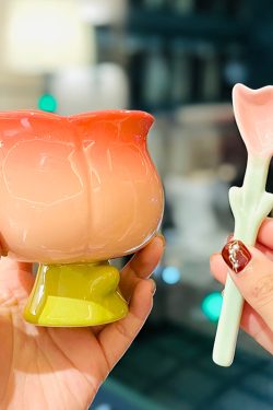 High-Value Peach Ceramic Water Cup with Spoon - Cute Girls' High-Footed Ice Cream Dessert Mug