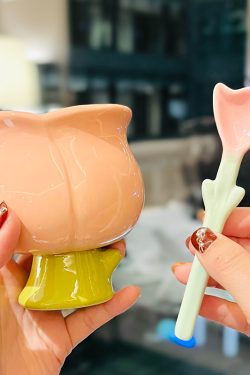 High-Value Peach Ceramic Water Cup with Spoon - Cute Girls' High-Footed Ice Cream Dessert Mug