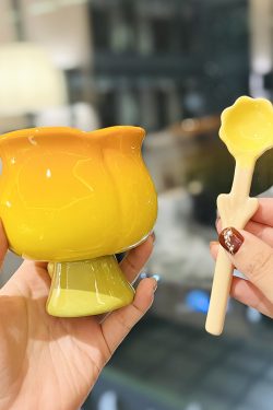 High-Value Peach Ceramic Water Cup with Spoon - Cute Girls' High-Footed Ice Cream Dessert Mug