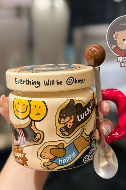 High-Value Small Dog Mug with Lid and Spoon for Office, Cute Water Cup, Oatmeal Breakfast Mug, Pet Lover Gift