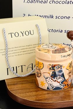 High-Value Small Dog Mug with Lid and Spoon for Office, Cute Water Cup, Oatmeal Breakfast Mug, Pet Lover Gift