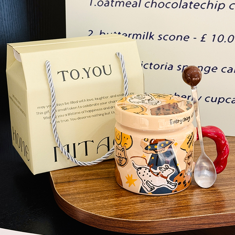 High-Value Small Dog Mug with Lid and Spoon for Office, Cute Water Cup, Oatmeal Breakfast Mug, Pet Lover Gift High-Value Small Dog Mug with Lid and Spoon for Office, Cute Water Cup, Oatmeal Breakfast Mug, Pet Lover Gift