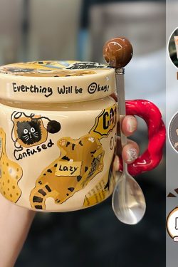 High-Value Small Dog Mug with Lid and Spoon for Office, Cute Water Cup, Oatmeal Breakfast Mug, Pet Lover Gift