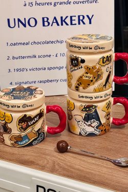 High-Value Small Dog Mug with Lid and Spoon for Office, Cute Water Cup, Oatmeal Breakfast Mug, Pet Lover Gift