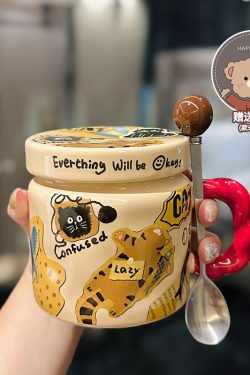 High-Value Small Dog Mug with Lid and Spoon for Office, Cute Water Cup, Oatmeal Breakfast Mug, Pet Lover Gift