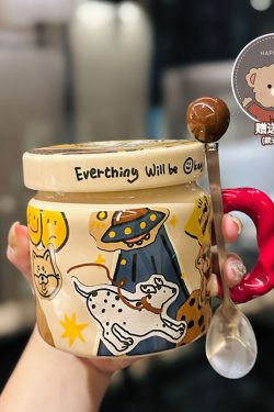 High-Value Small Dog Mug with Lid and Spoon for Office, Cute Water Cup, Oatmeal Breakfast Mug, Pet Lover Gift