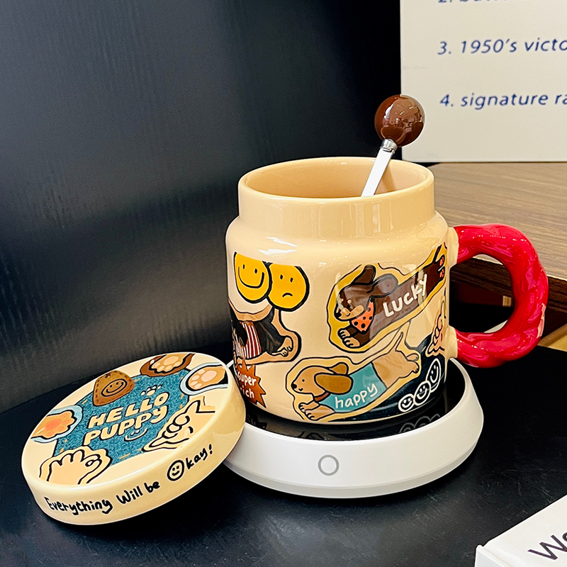 High-Value Small Dog Mug with Lid and Spoon for Office, Cute Water Cup, Oatmeal Breakfast Mug, Pet Lover Gift High-Value Small Dog Mug with Lid and Spoon for Office, Cute Water Cup, Oatmeal Breakfast Mug, Pet Lover Gift